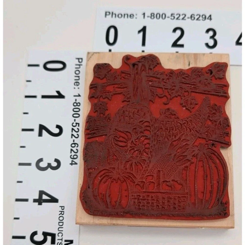 Northwoods Rubber Stamp Harvest Fall Background Pumpkin Apple Fence Mums Corn